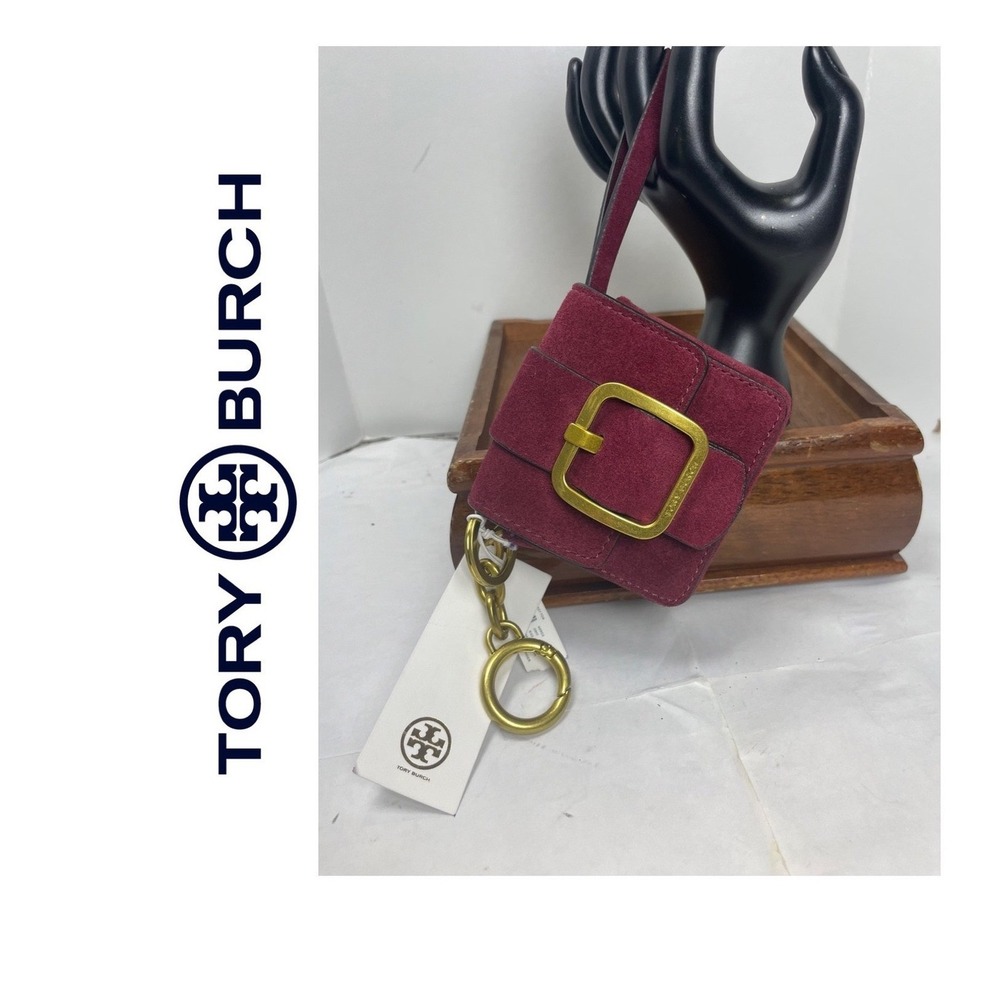 Tory Burch Eleanor Micro Bag Charm Burgundy Suede Gold Buckle Keychain NWT